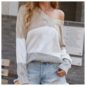 11 Boho V Neck Color Block Cable Knit Spring Sweater.